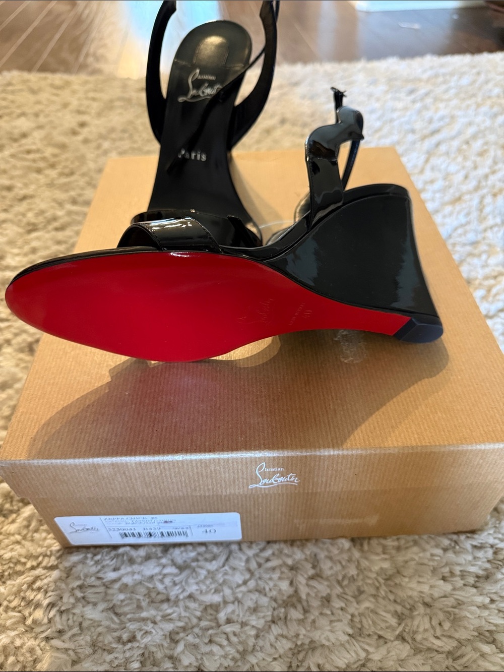 Christian Louboutin Black Patent Leather Open-Toe Slingback Heels - Picture 3 of 7
